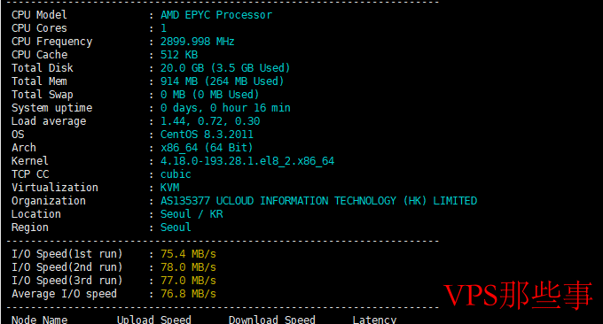 Ucloud韩国VPS主机磁盘IO、内存测试